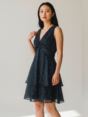 Banana Republic Blue Polka Dot Dress Tiered V Neck Fit Flare Sleeveless 12 NWT